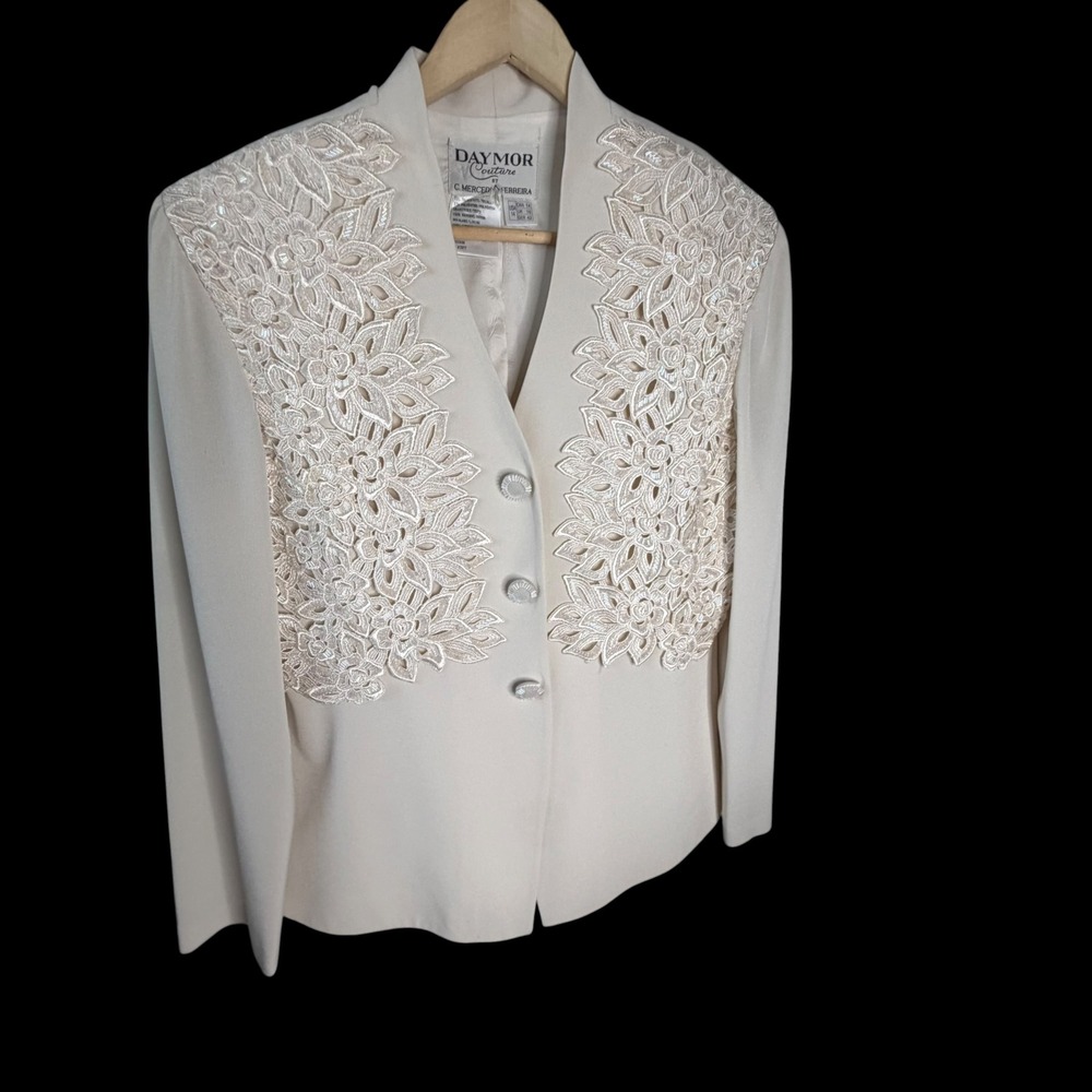 Daymor Couture Cream Beaded Lace Floral Evening Blazer Jacket 14